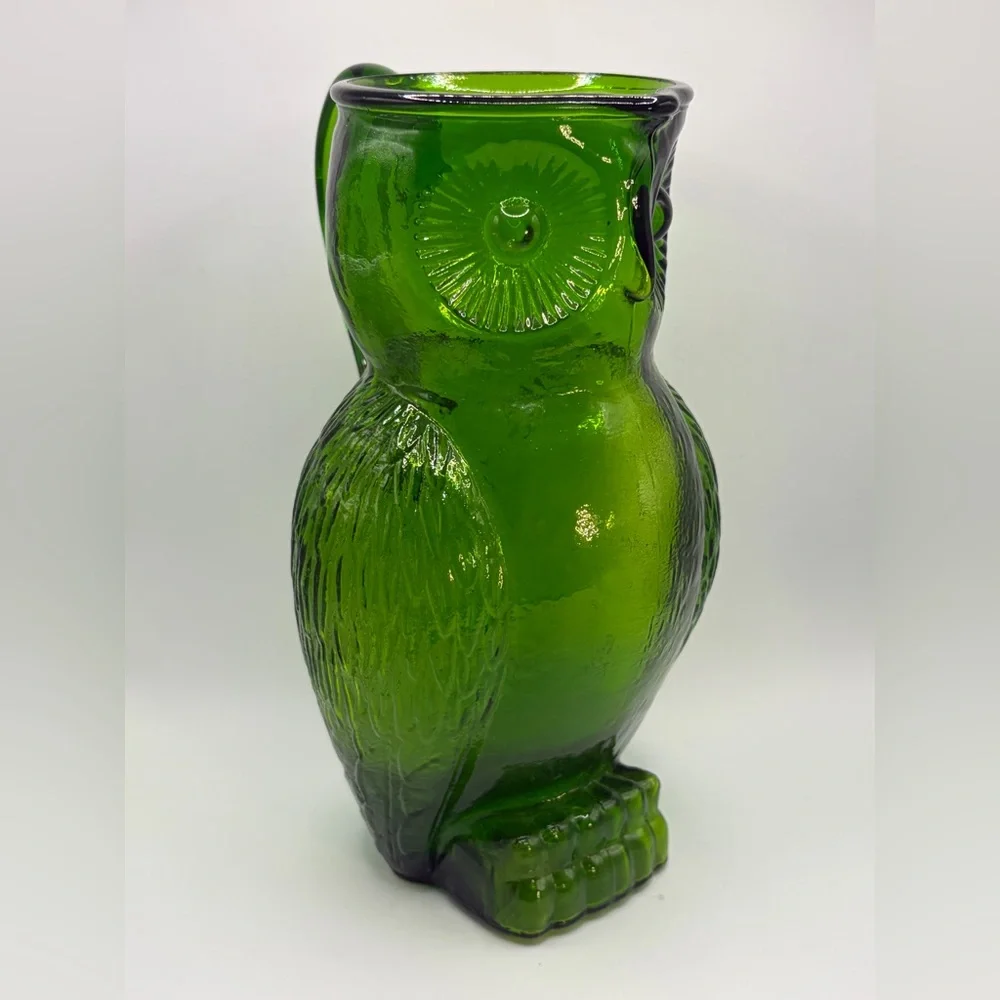 Vintage Green Art Glass Owl Figure Pitcher / Vase, Cottagecore Whimsigoth Decor